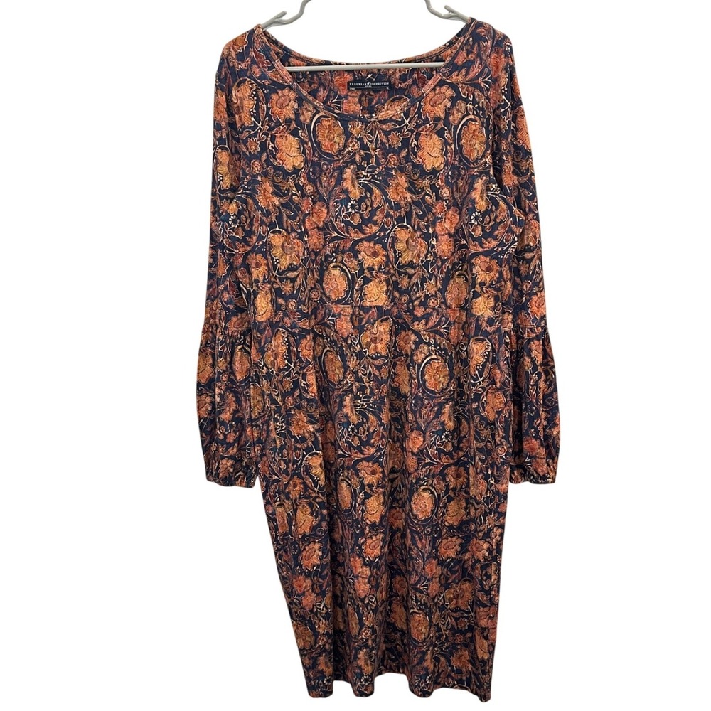 Peruvian Connection Floral Tapestry Midi‎ Dress XL Navy Orange Long Puff Sleeve
